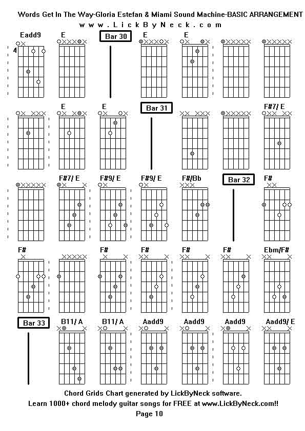 Chord Grids Chart of chord melody fingerstyle guitar song-Words Get In The Way-Gloria Estefan & Miami Sound Machine-BASIC ARRANGEMENT,generated by LickByNeck software.